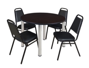 Kee 48" Round Breakroom Table - Mocha Walnut/ Chrome & 4 Restaurant Stack Chairs - Black