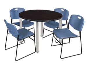 Kee 48" Round Breakroom Table - Mocha Walnut/ Chrome & 4 Zeng Stack Chairs - Blue
