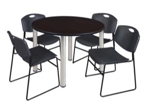 Kee 48" Round Breakroom Table - Mocha Walnut/ Chrome & 4 Zeng Stack Chairs - Black