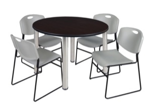 Kee 48" Round Breakroom Table - Mocha Walnut/ Chrome & 4 Zeng Stack Chairs - Grey
