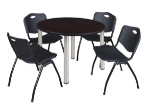 Kee 48" Round Breakroom Table - Mocha Walnut/ Chrome & 4 'M' Stack Chairs - Black