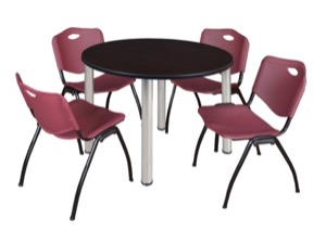 Kee 48" Round Breakroom Table - Mocha Walnut/ Chrome & 4 'M' Stack Chairs - Burgundy