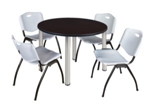Kee 48" Round Breakroom Table - Mocha Walnut/ Chrome & 4 'M' Stack Chairs - Grey