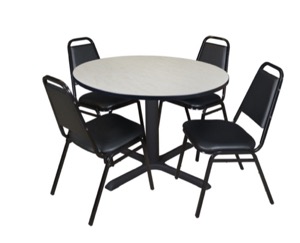 Cain 48" Round Breakroom Table - Maple & 4 Restaurant Stack Chairs - Black
