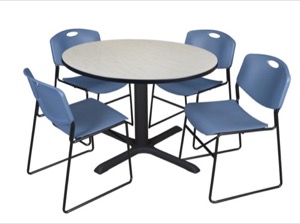 Cain 48" Round Breakroom Table - Maple & 4 Zeng Stack Chairs - Blue