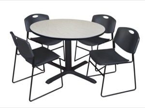 Cain 48" Round Breakroom Table - Maple & 4 Zeng Stack Chairs - Black