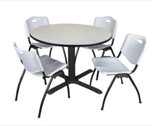 Cain 48" Round Breakroom Table - Maple & 4 'M' Stack Chairs - Grey