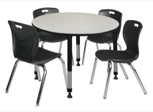 Kee 48" Round Height Adjustable Classroom Table  - Maple & 4 Andy 18-in Stack Chairs - Black