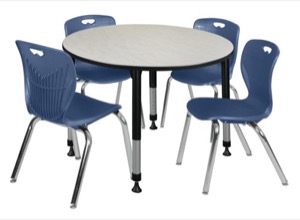 Kee 48" Round Height Adjustable Classroom Table  - Maple & 4 Andy 18-in Stack Chairs - Navy Blue