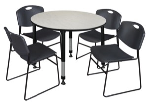 Kee 48" Round Height Adjustable Classroom Table  - Maple & 4 Zeng Stack Chairs - Black