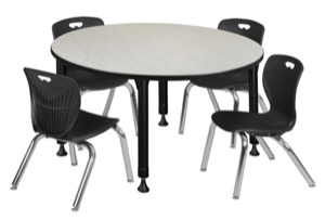 Kee 48" Round Height Adjustable Classroom Table  - Maple & 4 Andy 12-in Stack Chairs - Black