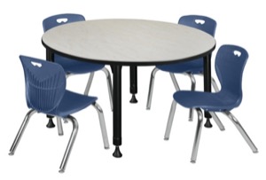 Kee 48" Round Height Adjustable Classroom Table  - Maple & 4 Andy 12-in Stack Chairs - Navy Blue