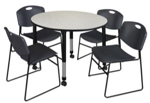 Kee 48" Round Height Adjustable Mobile Classroom Table  - Maple & 4 Zeng Stack Chairs - Black