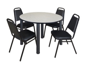 Kee 48" Round Breakroom Table - Maple/ Black & 4 Restaurant Stack Chairs - Black