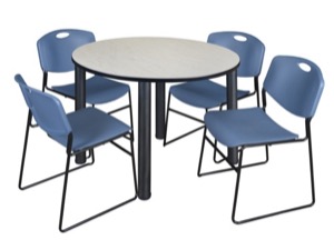 Kee 48" Round Breakroom Table - Maple/ Black & 4 Zeng Stack Chairs - Blue