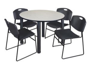 Kee 48" Round Breakroom Table - Maple/ Black & 4 Zeng Stack Chairs - Black
