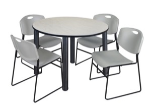 Kee 48" Round Breakroom Table - Maple/ Black & 4 Zeng Stack Chairs - Grey