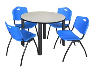Kee 48" Round Breakroom Table - Maple/ Black & 4 'M' Stack Chairs - Blue