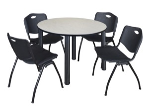 Kee 48" Round Breakroom Table - Maple/ Black & 4 'M' Stack Chairs - Black
