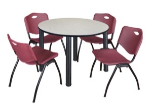 Kee 48" Round Breakroom Table - Maple/ Black & 4 'M' Stack Chairs - Burgundy