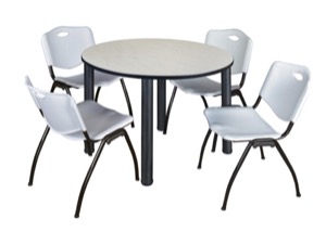 Kee 48" Round Breakroom Table - Maple/ Black & 4 'M' Stack Chairs - Grey