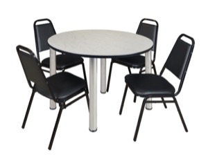 Kee 48" Round Breakroom Table - Maple/ Chrome & 4 Restaurant Stack Chairs - Black