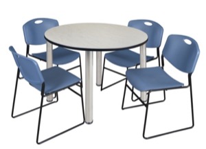 Kee 48" Round Breakroom Table - Maple/ Chrome & 4 Zeng Stack Chairs - Blue