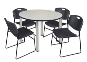 Kee 48" Round Breakroom Table - Maple/ Chrome & 4 Zeng Stack Chairs - Black