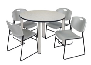 Kee 48" Round Breakroom Table - Maple/ Chrome & 4 Zeng Stack Chairs - Grey