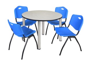 Kee 48" Round Breakroom Table - Maple/ Chrome & 4 'M' Stack Chairs - Blue
