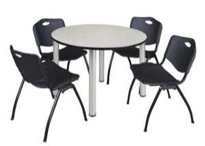 Kee 48" Round Breakroom Table - Maple/ Chrome & 4 'M' Stack Chairs - Black