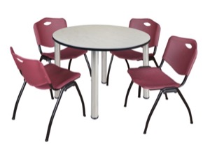 Kee 48" Round Breakroom Table - Maple/ Chrome & 4 'M' Stack Chairs - Burgundy