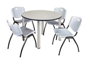 Kee 48" Round Breakroom Table - Maple/ Chrome & 4 'M' Stack Chairs - Grey