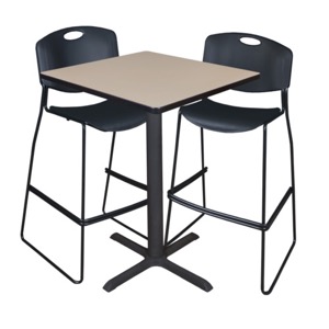 Cain 30" Square Cafe Table - Beige & 2 Zeng Stack Stools - Black