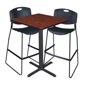 Cain 30" Square Cafe Table - Cherry & 2 Zeng Stack Stools - Black