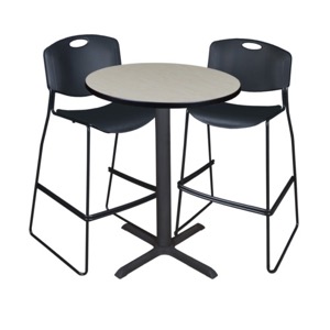 Cain 30" Round Cafe Table - Maple & 2 Zeng Stack Stools - Black