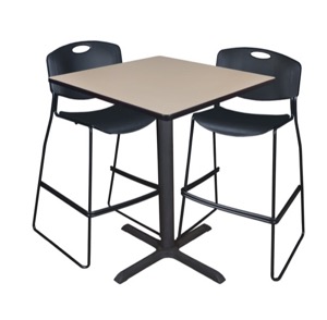 Cain 36" Square Cafe Table - Beige & 2 Zeng Stack Stools - Black