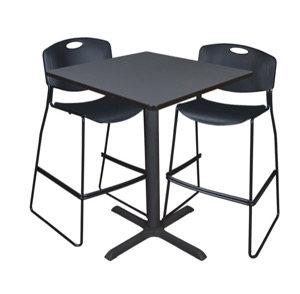 Cain 36" Square Cafe Table - Grey & 2 Zeng Stack Stools - Black
