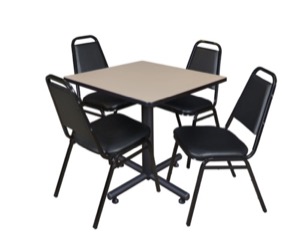 Kobe 30" Square Breakroom Table - Beige & 4 Restaurant Stack Chairs - Black