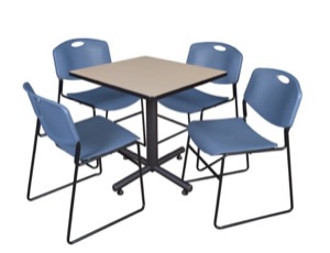 Kobe 30" Square Breakroom Table - Beige & 4 Zeng Stack Chairs - Blue