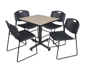 Kobe 30" Square Breakroom Table - Beige & 4 Zeng Stack Chairs - Black