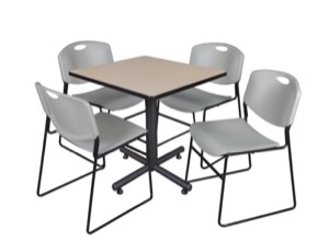 Kobe 30" Square Breakroom Table - Beige & 4 Zeng Stack Chairs - Grey
