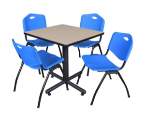 Kobe 30" Square Breakroom Table - Beige & 4 'M' Stack Chairs - Blue