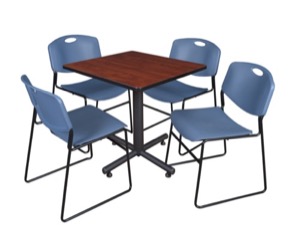 Kobe 30" Square Breakroom Table - Cherry & 4 Zeng Stack Chairs - Blue