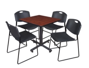 Kobe 30" Square Breakroom Table - Cherry & 4 Zeng Stack Chairs - Black