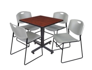 Kobe 30" Square Breakroom Table - Cherry & 4 Zeng Stack Chairs - Grey