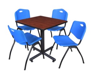 Kobe 30" Square Breakroom Table - Cherry & 4 'M' Stack Chairs - Blue