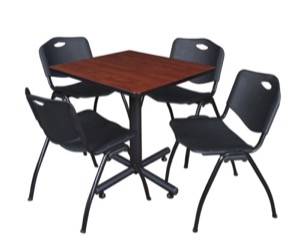 Kobe 30" Square Breakroom Table - Cherry & 4 'M' Stack Chairs - Black