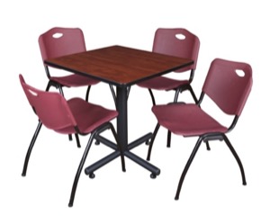 Kobe 30" Square Breakroom Table - Cherry & 4 'M' Stack Chairs - Burgundy