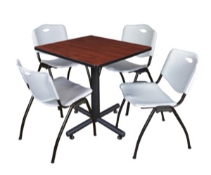 Kobe 30" Square Breakroom Table - Cherry & 4 'M' Stack Chairs - Grey